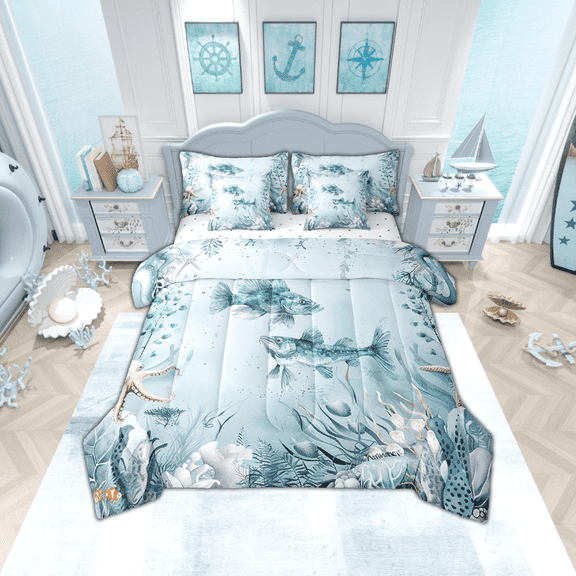 Pike Fish Bed in a Bag Queen Comforter Set 7 Piece,Teal Blue Ocean Beach Coastal Bedding Set Starfish Octopus Sheet Sets with Comforter Underwater Creature Coral Bed Set,Kawaii Fish Room Decor