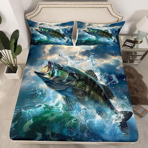 Pike Fish Bed Sheet Set Twin Size Bass Big Fish Fitted Sheet for Kids Boys Girls Decor Fishing and Hunting Bedding Set Fisherman Fish Man Bed Cover Deep Pocket