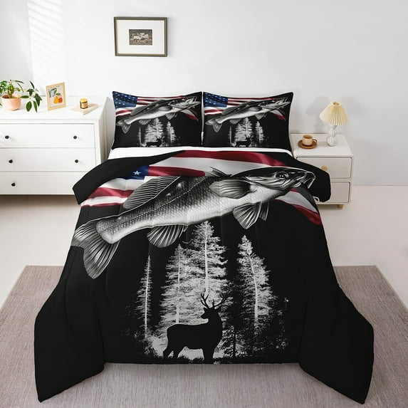 Pike Fish Bedding Sets King Size American Flag Deer Comforter Set Hunting Deer Bedding Comforter Sets Fishing and Hunting Themed Down Comforter for Adult Animal Duvet Set