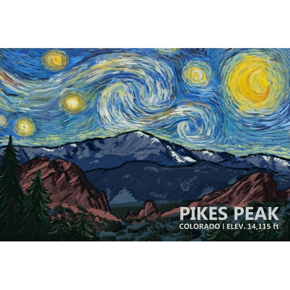 Pikes Peak, Colorado, Van Gogh Starry Night (12x18 Wall Art Poster, Room Decor)