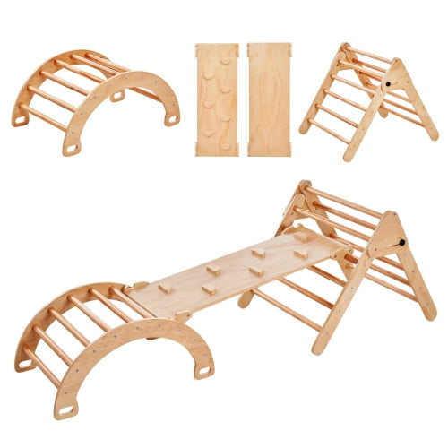 Pikler Triangle Set, 5 in 1 Toddler Climbing Toys Indoor Playground, Ramp, and Arch, Montessori Climbing Set with Triangle, Large Size Wooden Climbing Gym for Toddlers 1-3 Years