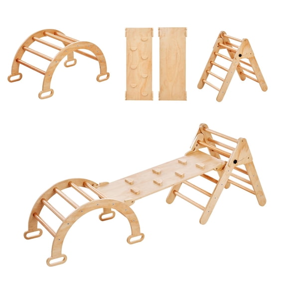 Pikler Triangle Set, 5 in 1 Toddler Climbing Toys Indoor Playground, Ramp, and Arch, Montessori Climbing Set with Triangle, Medium Size Wooden Climbing Gym for Toddlers 1-3 Years, Wood Color