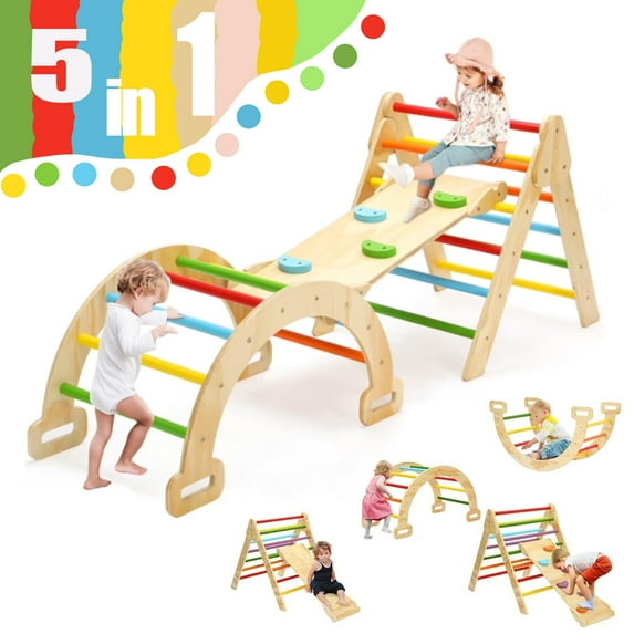Pikler Triangle Set, 5 in 1 Wooden Montessori Climbing Toys Baby Indoor Playground Gym, Foldable Indoor Climbing Toys with Ramp, Arch Climber, Baby Climbing Toys for Toddlers 1-3 Inside-Large
