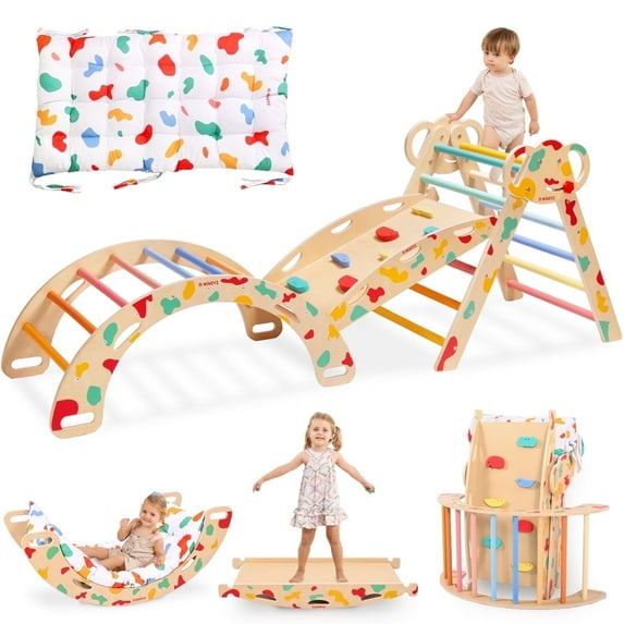 Pikler Triangle Set with Cushion, 8 in 1 Wooden Montessori Climbing Toys Indoor Playground Jungle Gym Playsets for Toddler, Baby, Kid,Rainbow