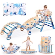 Pikler Triangle Set with Cushion, 8 in 1 Wooden Montessori Climbing Toys Playground Jungle Gym Indoor Playsets for Toddler, Baby, Kid,Blue