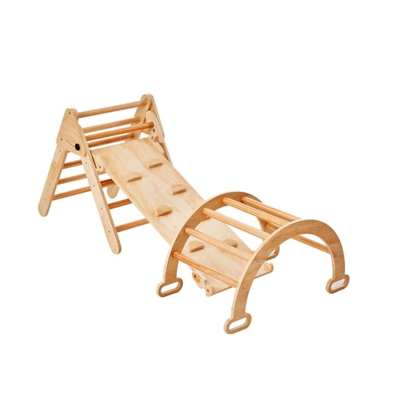Pikler Triangle Set 5 in 1, Wooden Climbing Toys for Toddlers 1-3 Years, Montessori Climbing Gym, Indoor Climbing Frame with Ramp & Arch - Wood Color