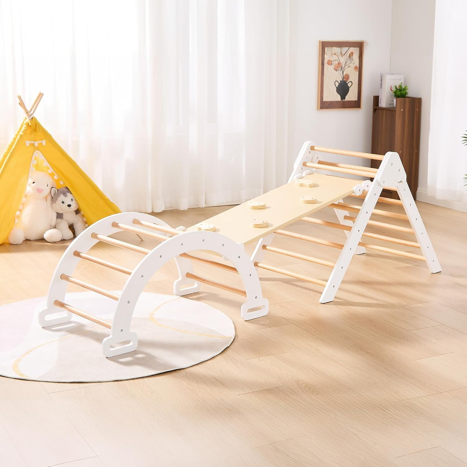 Pikler Triangle Set, 7 in 1 Wooden Toddler Climbing Toys Indoor ...