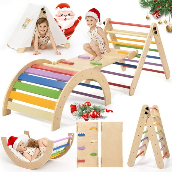 Pikler Triangle Set, Caveen 8 in 1 Montessori Climbing Set, Wooden Climbing Toys, with Arch, Ramp, Ladder, Tent and Cushion, Indoor Jungle Gym for Toddlers 0.5-6 Years Old, Rainbow