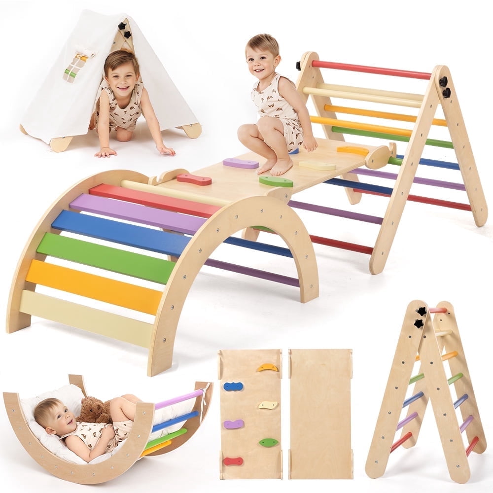 Pikler Triangle Set, RongTrading 8 in 1 Montessori Climbing Set, Wooden ...