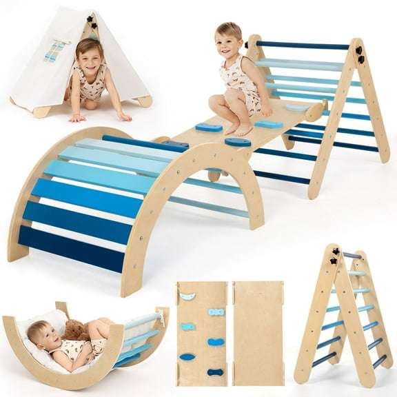 Pikler Triangle Set, Caveen 8 in 1 Montessori Climbing Set, Wooden Climbing Toys, with Arch, Ramp, Ladder, Tent and Cushion, Indoor Jungle Gym for Toddlers 0.5-6 Years Old, Blue