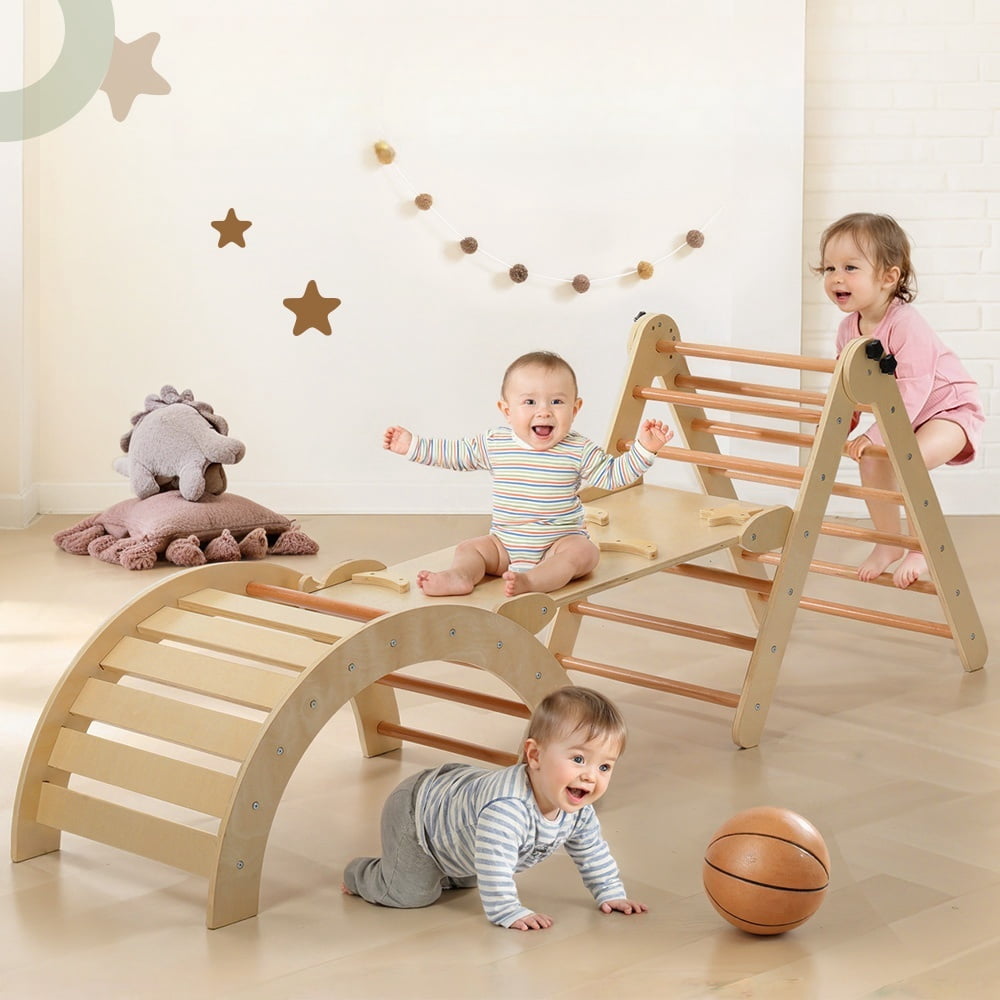 Pikler Triangle Set, Caveen Foldable Wooden Climbing Toys