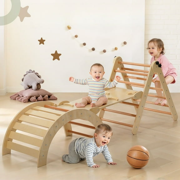 Pikler Triangle Set, Caveen Foldable Wooden Climbing Toys, Montessori Climbing Set, with Arch, Ramp and Ladder, Indoor Jungle Gym for Toddlers 0.5-6 Years Old