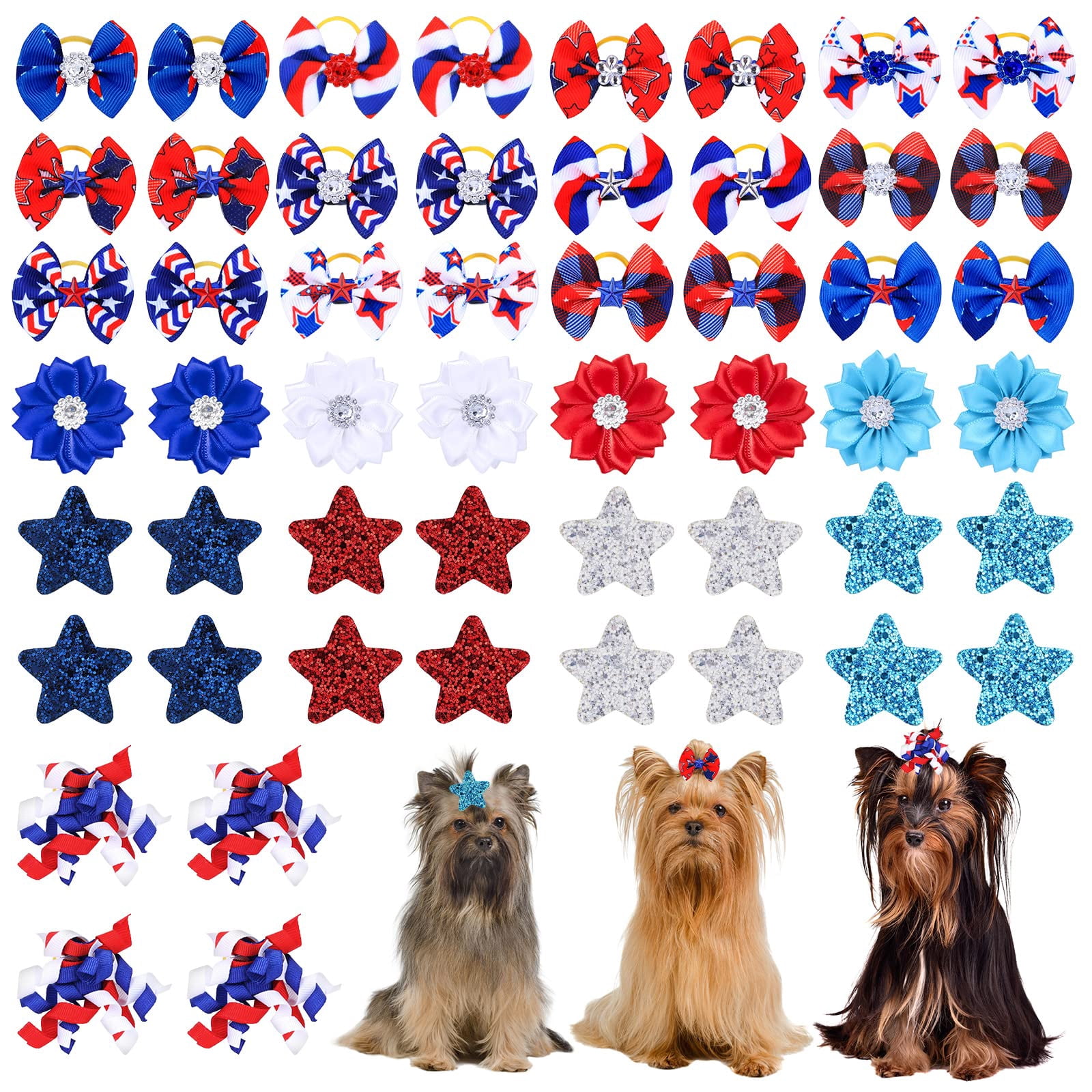 Piklodo 52Pcs/26Pairs Dog Hair Bows with Rubber Bands Patriotic Dog ...