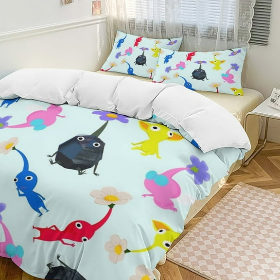 Pikmin 3 Piece Comforter Bedding 1 Set Super Soft Quilt Cover with 2 Pillowcases Funny Merch Movie Fans Gifts for Girls Boys Kids Adults 86"×70"