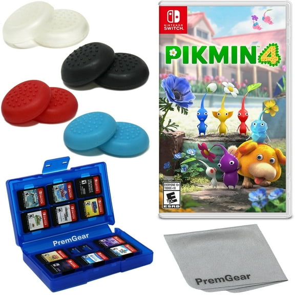 Pikmin 4 for Nintendo Switch (US Version), with PremGear Thumb Grips (8 pack - 2 Black, 2 Blue, 2 Red & 2 Clear), 24 Slot Game Card Holder & Cleaning Cloth