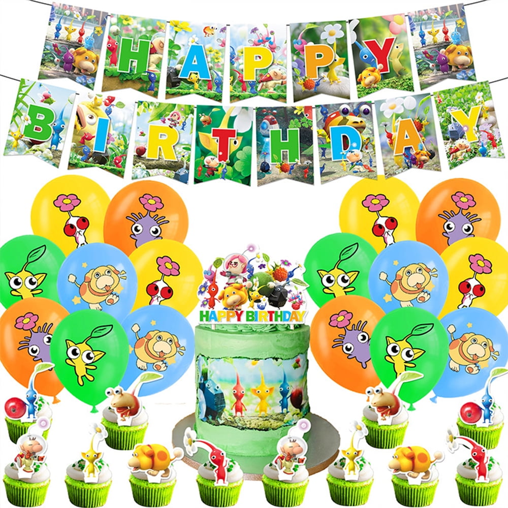 Pikmin Birthday Party Decorations, Video Game Pikmin Party Supplies Set  with Happy Birthday Banner, Cake Cupcake Toppers, Balloons for Kids Adults