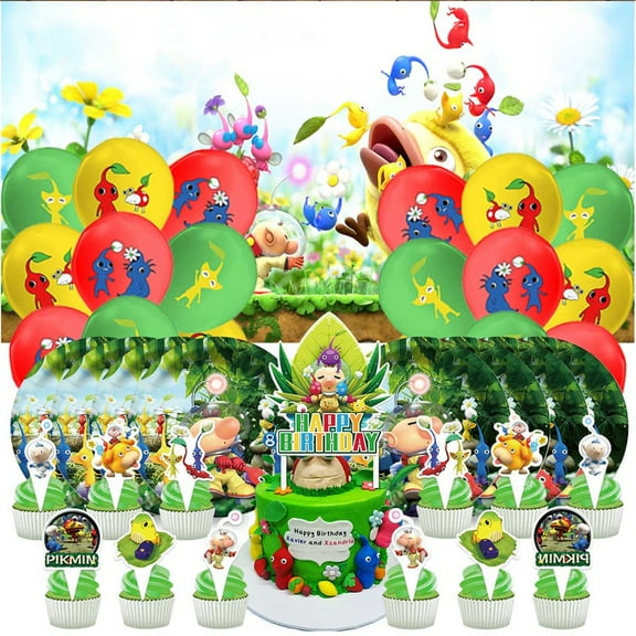 Pikmin Birthday Party Supplies Balloons Plates Decoration Cake Topper Decor Tableware Banner Backdrop