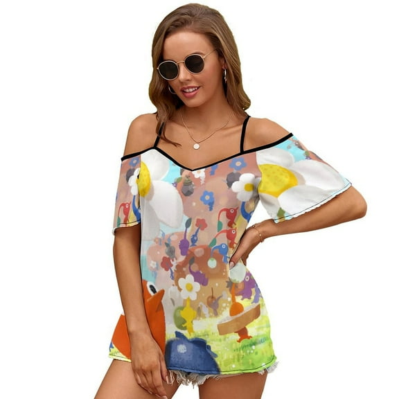 Pikmin Women's Cold Shoulder Tops T Shirts Chiffon Summer Off Shoulder Dress Short Sleeve Shirt XL