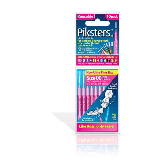 Piksters 10 pack Interdental Brushes Size 00 Pink Reusable for cleaning between teeth