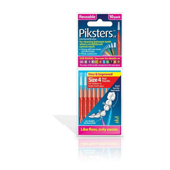 Piksters 10 pack Interdental Brushes Size 4 Red Reusable for cleaning between teeth