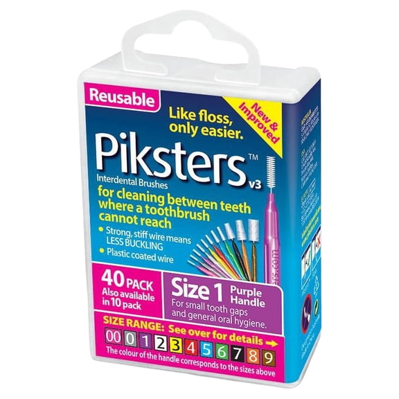 Piksters 40 Pack Interdental Brushes Size 1 Purple Reusable For Cleaning Between Teeth