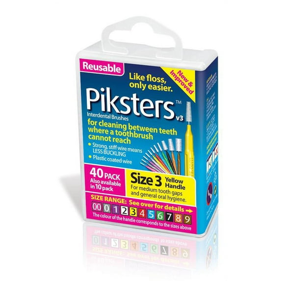 Piksters 40 Pack Interdental Brushes Size 3 Yellow Reusable For Cleaning Between Teeth
