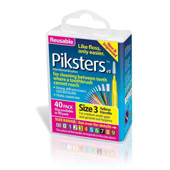 Piksters 40 Pack Interdental Brushes Size 3 Yellow Reusable For Cleaning Between Teeth