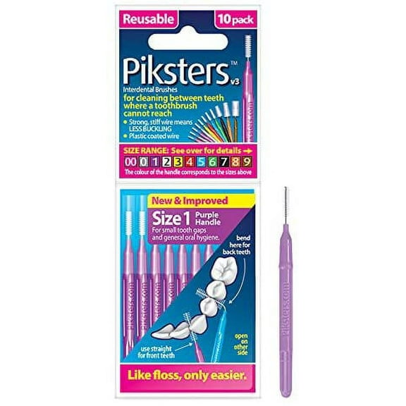 Piksters Interdental Brushes Reusable Brushes Size 1 Purple Handle For Cleaning Between Teeth, 1 Pack of 10 Brushes