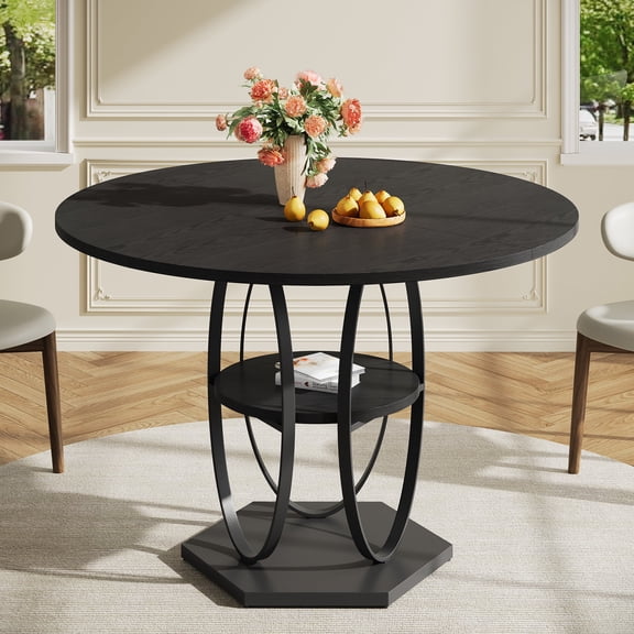 Pikvki 42" Round Dining Table with Seorage Shelf, 3 Tier Circle Kitchen Table for Dining Room, Black