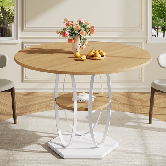 Pikvki 42" Round Dining Table with Seorage Shelf, 3 Tier Circle Kitchen Table for Dining Room, Natural Oak