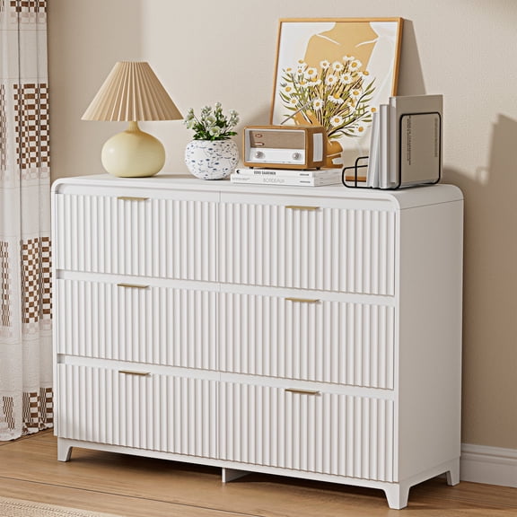 Pikvki Fluted 6 Drawers Dresser for Bedroom, 47.2" Wide Modern Chest of Drawers with Metal Handle, TV Stand for Living Room, White