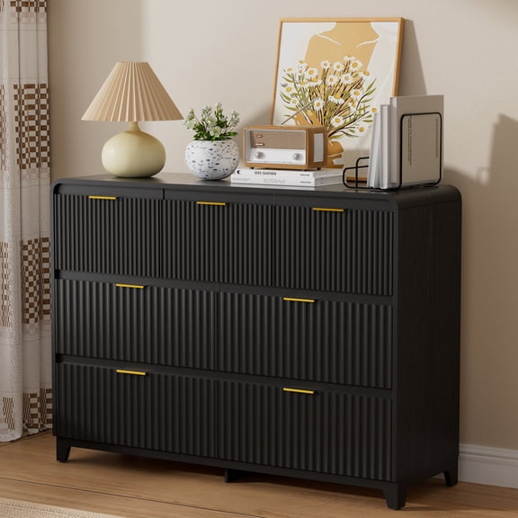 Pikvki Fluted 7 Drawers Dresser for Bedroom, 47.2" Wide Modern Chest of Drawers with Metal Handle, TV Stand for Living Room, Black