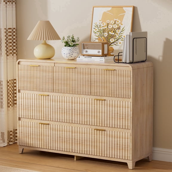 Pikvki Fluted 7 Drawers Dresser for Bedroom, 47.2" Wide Chest of Drawers with Metal Handle for Living Room, Natural Oak