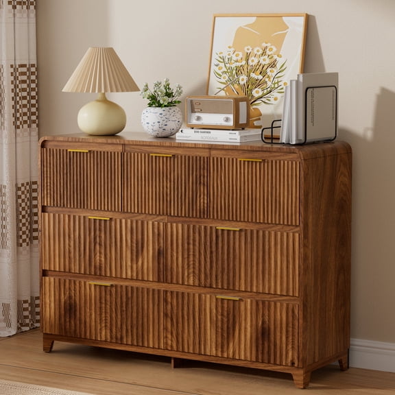 Pikvki Fluted 7 Drawers Dresser for Bedroom, 47.2" Wide Modern Chest of Drawers with Metal Handle, TV Stand for Living Room, Walnut