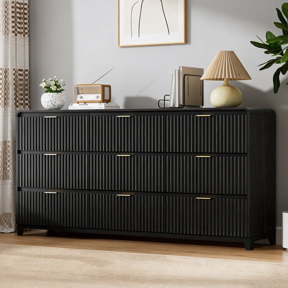 Pikvki Fluted 9 Drawers Dresser for Bedroom, 55.1" Wide Modern Chest of Drawers with Metal Handle, TV Stand for Living Room, Black