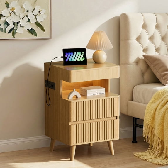 Pikvki Fluted Nightstand with Charging Station & LED Light, Modern End Table with 2 Drawers and Pull-Out Shelf for Bedroom, Natural Oak
