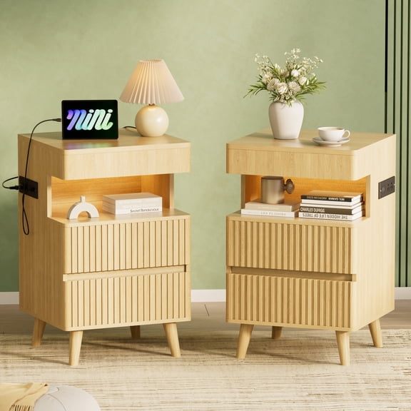 Pikvki Fluted Nightstand Set of 2 with Charging Station & LED Light, Modern End Table with 3 Storage Drawers and Pull-Out Tabletop for Bedroom, Living Room, Natural Oak