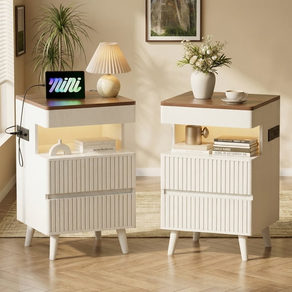 Pikvki Fluted Nightstand Set of 2 with Charging Station & LED Light, Modern End Table with 3 Storage Drawers and Pull-Out Tabletop for Bedroom, Living Room, White