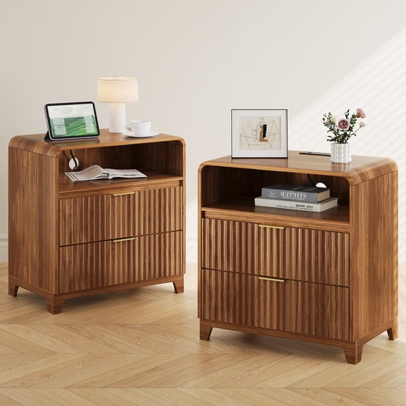 Pikvki Fluted Nightstand Set of 2 with Charging Station, Modern End Table with with Open Shelf and 2 Storage Drawers for Bedroom, Walnut