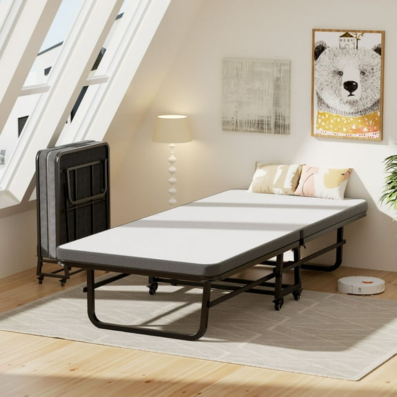 Pikvki Folding Bed with Mattress, Twin Foldable Bed, Roll Away Beds for Adults, 71.5 x 32 inch Portable Daybed for Guest Room, Camping