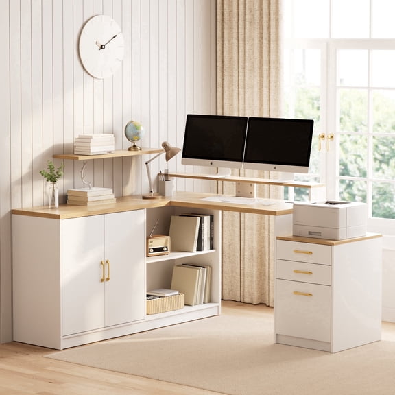Pikvki L-Shaped Computer Desk with Drawers, 63" Office Desk with Power Outlets, Storage Cabinet, and Long Monitor Stand for Home Office, Natural Oak