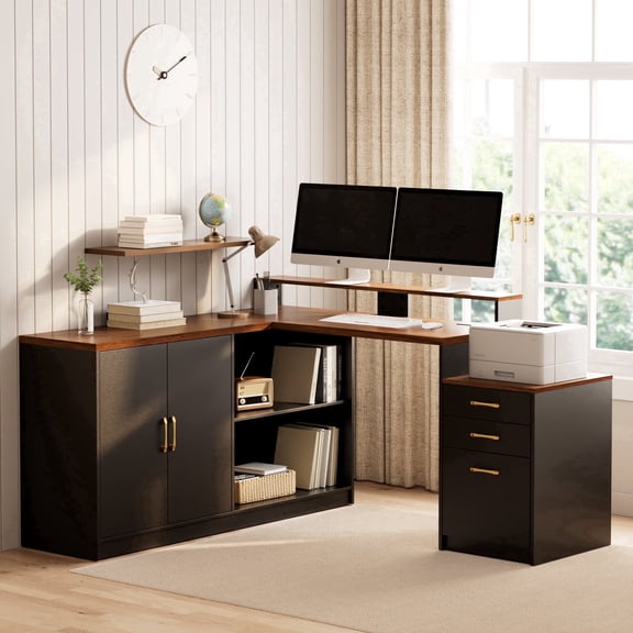 Pikvki L Shaped Computer Desk with Drawers, 63" Office Desk with Power Outlets, Storage Cabinet and Long Monitor Stand for Home Office, Walnut