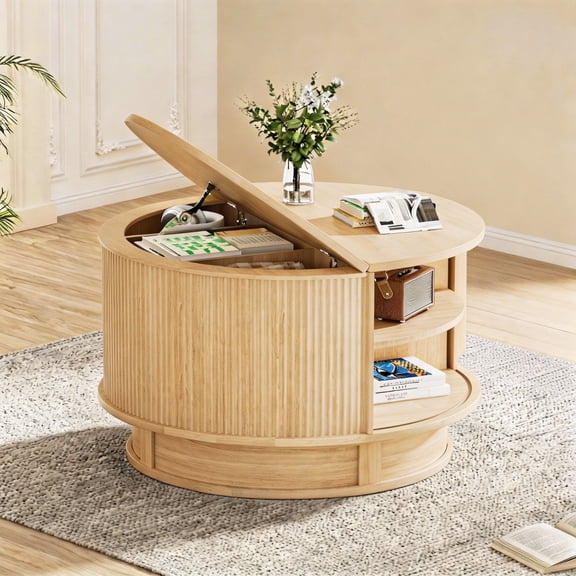 Pikvki Rotatable Round Coffee Table with Storage & Fluted Sliding Doors, 31.5" Modern Wooden Center Table for Living Room, Natural Oak