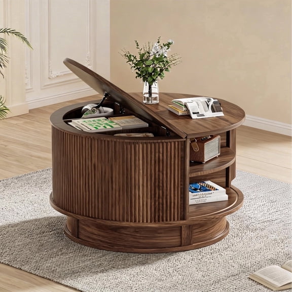 Pikvki Rotatable Round Coffee Table with Storage & Fluted Sliding Doors, 31.5" Modern Wooden Center Table for Living Room, Walnut