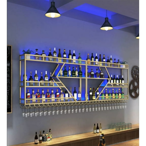 Pikysailed 59in Modern Wall Mounted Wine Rack w/ LED Light, Metal Bar Shelves Wall Mounted w/ Glass Holder, Large Liquor Shelf for Liquor Bottles for Kitchen & Dining Room