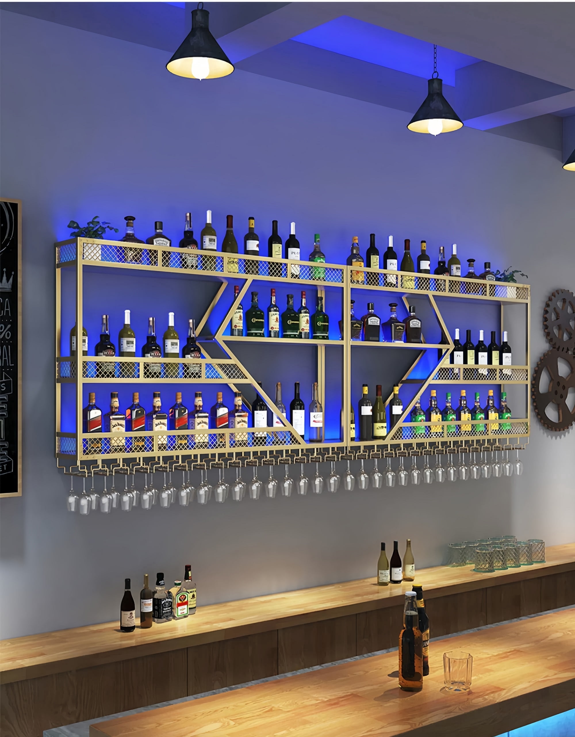 Pikysailed 59in Modern Wall Mounted Wine Rack w/ LED Light, Metal Bar ...
