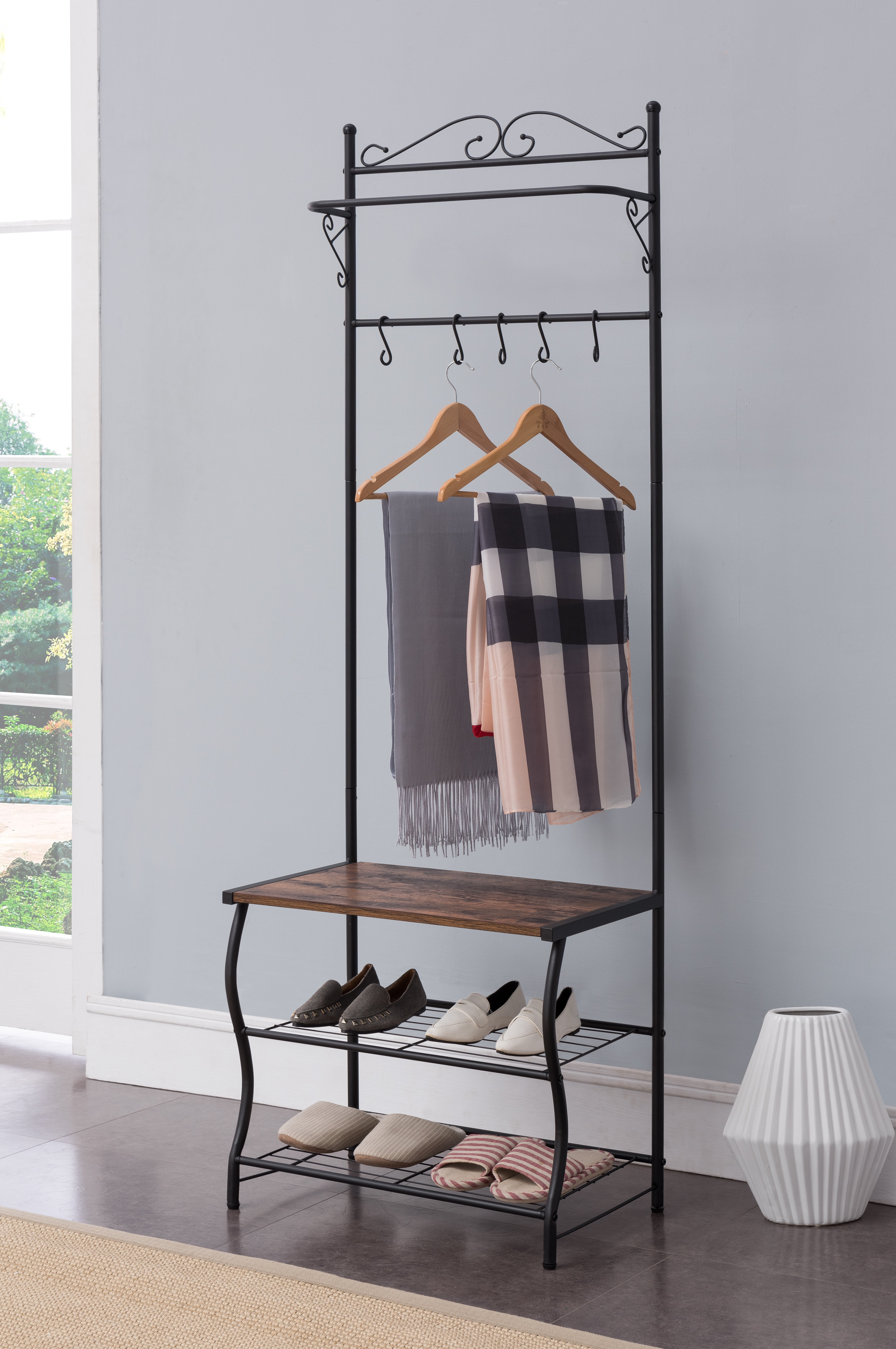 Pilaster Designs 5-Hook Industrial Entryway Hall Tree With Bench & Storage Shelves, Black