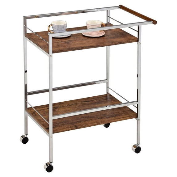 Pilaster Designs Millam 2-tier Metal Wheeled Serving Bar Cart in Oak/Chrome