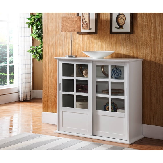 Pilaster Designs Nolan White Wood China Curio Display Cabinet With Glass Sliding Doors & Adjustable Storage Shelves