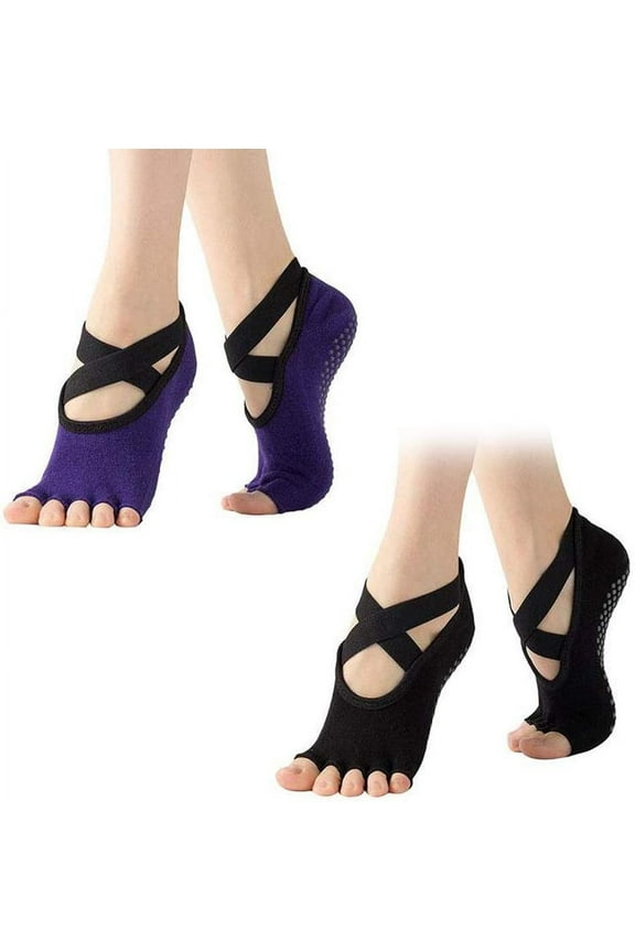 Pilates Ballet Socks for Women, Toeless Non Slip Skid Open Toe Gripper Sock - Pure Barre, Dance,2 Pairs,Black & Purple